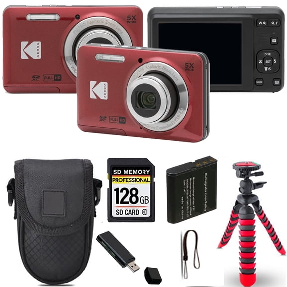 Kodak PIXPRO FZ55 Digital Camera Red with 128GB Memory Card, Case & Spider Tripod Kit