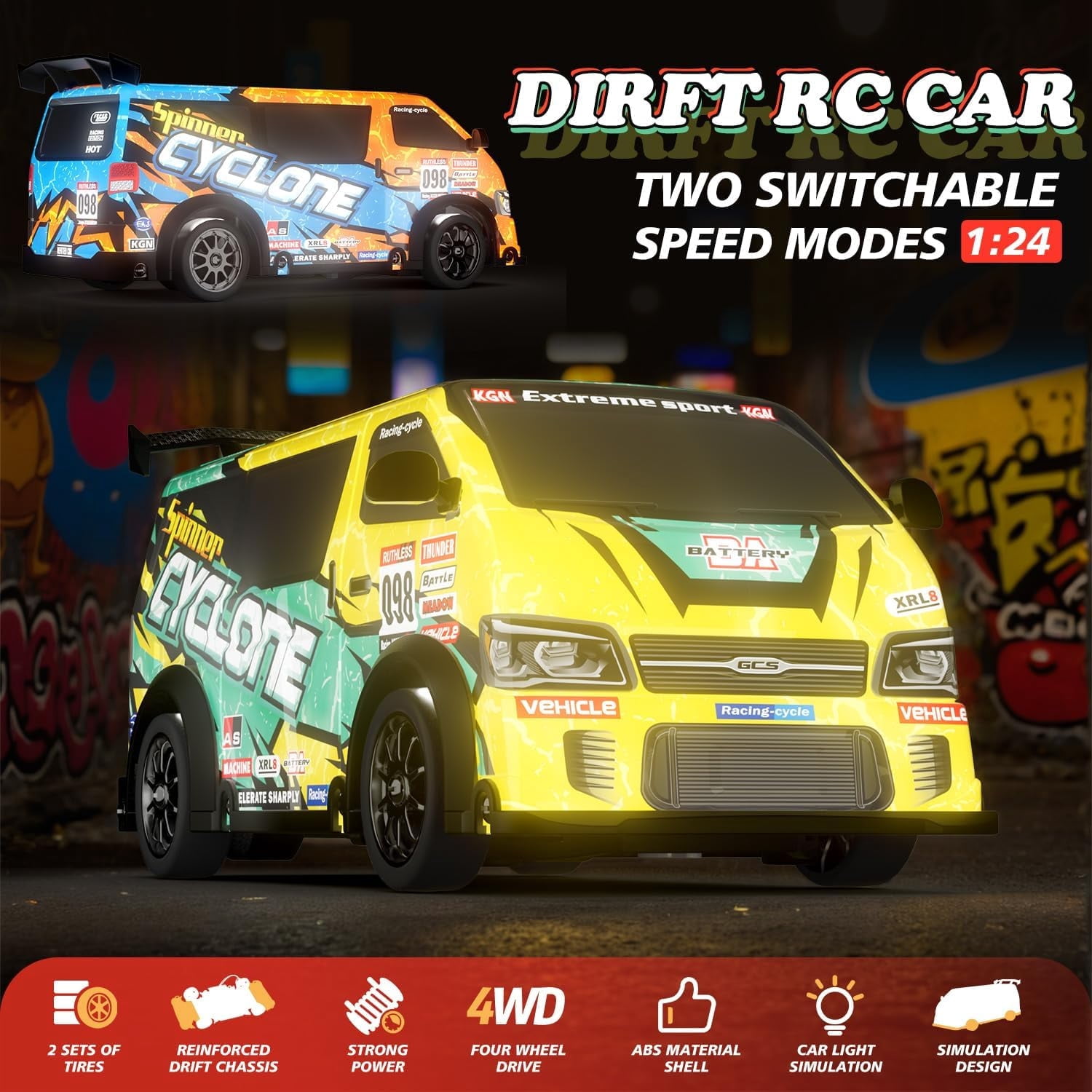 LC-dolida RC Drift Car, 1:24 Scale 4WD High Speed Remote Control Truck, 2.4GHz Drift Van with LED Lights & Cool luminous car shell,Yellow Cyan Off-Road Drifting RC Toy Gift for Boys Kids Ages 7-14