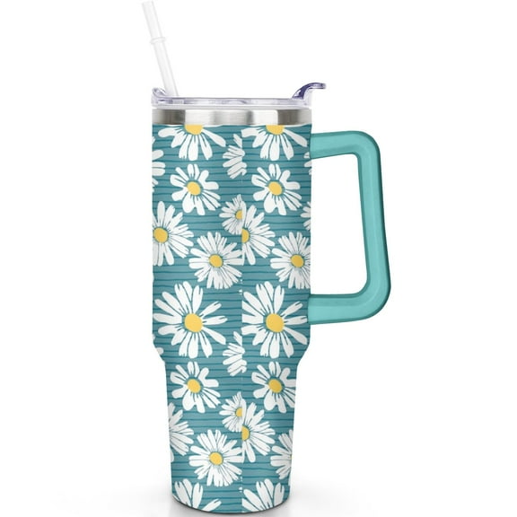 40 oz Daisy Theme Tumbler Handle 40oz Daisy Tumbler with Spill Proof Lid Straw Double Insulated Travel Coffee Cup Daisy Lover Gifts for Men Women