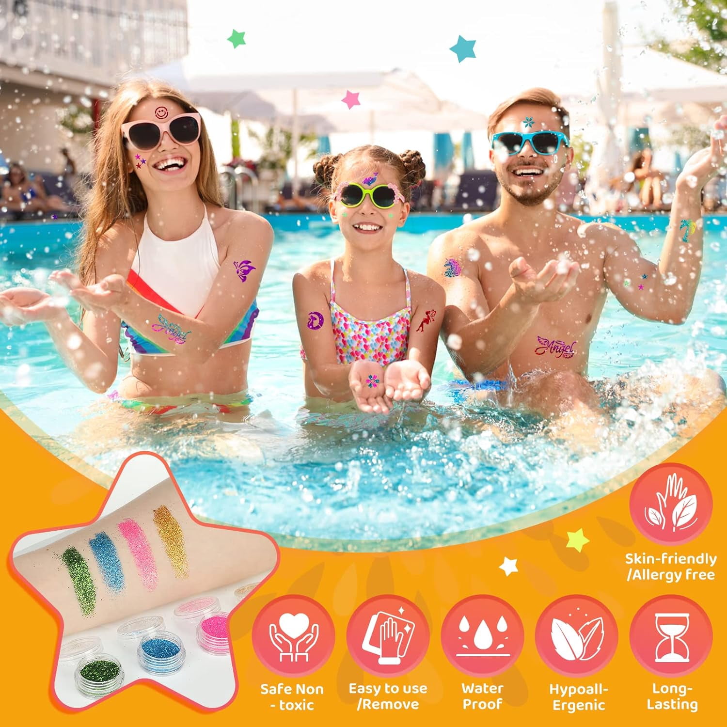 Glitter Tattoo Set, Caveen Bledras 36 Colors Kids Tattoo Kit, 178 Stencils, 4 Brushes, 2 Glues for Carnival, Cosplay Parties (Orange)