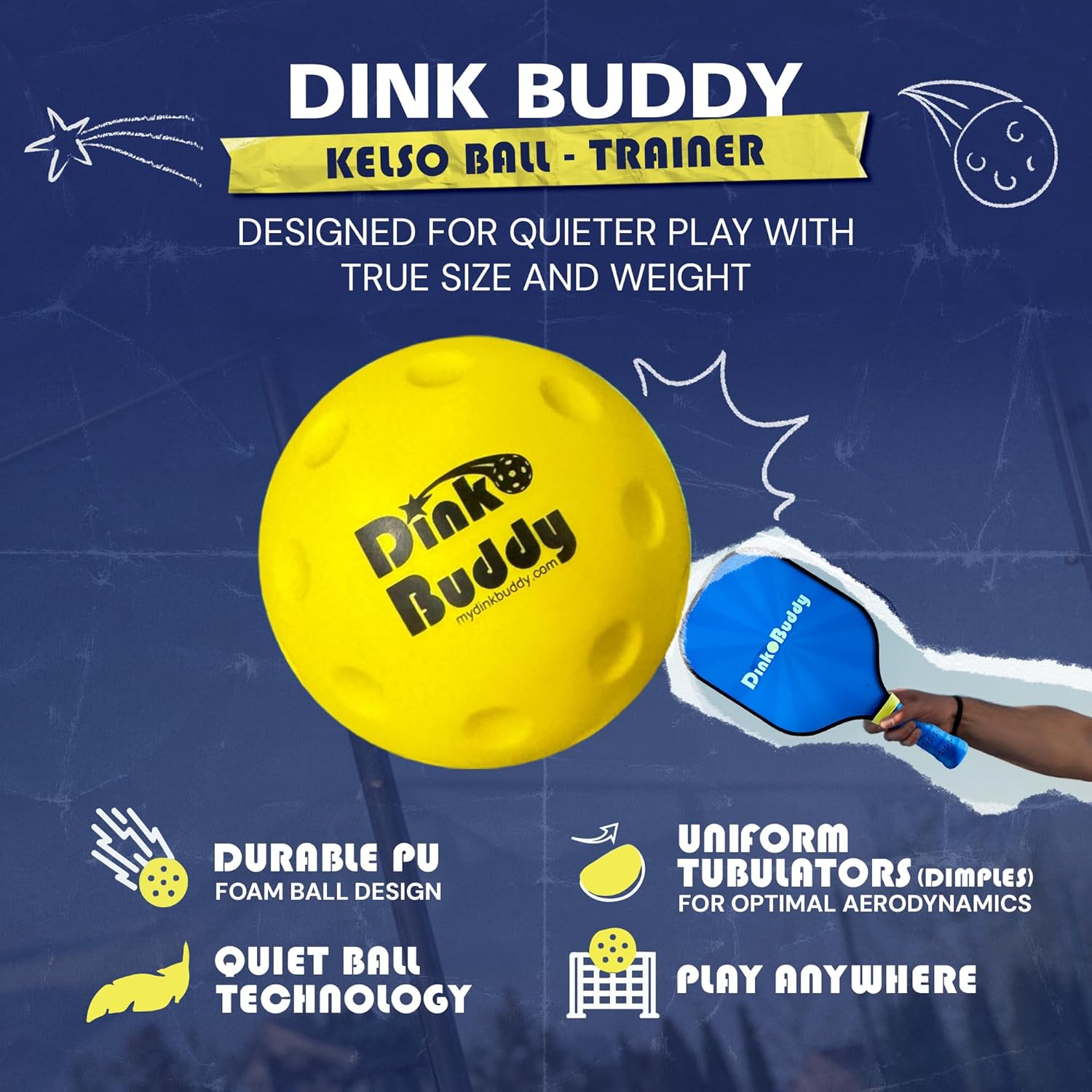 Dink Buddy - Trainer Kelso Pickleball, PU Foam Pickleball Balls for Reduced Noise, Enhances Hand-Eye Coordination, Indoor & Outdoor Use, Trainer 8-Pack 67-mm Lemon Yellow Balls