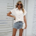 thumbnail image 4 of Blusa de manga corta plisada de verano, Color sólido, cuello vuelto, puños con volantes, camisa holgada con botones debajo del cuello para citas en el trabajo, 4 of 8