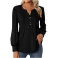 thumbnail image 1 of Timegard Hauts pour Femmes Col en V Cranté Boutons Plissés Manches Longues Tee Confortable Tunique Décontractée, 1 of 5