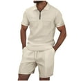 thumbnail image 2 of YHAJDS Men's Shirt and Shorts Set Solid Relaxed Pocket Drawstring Shorts Zip Polo Short Sleeve, 2 of 5