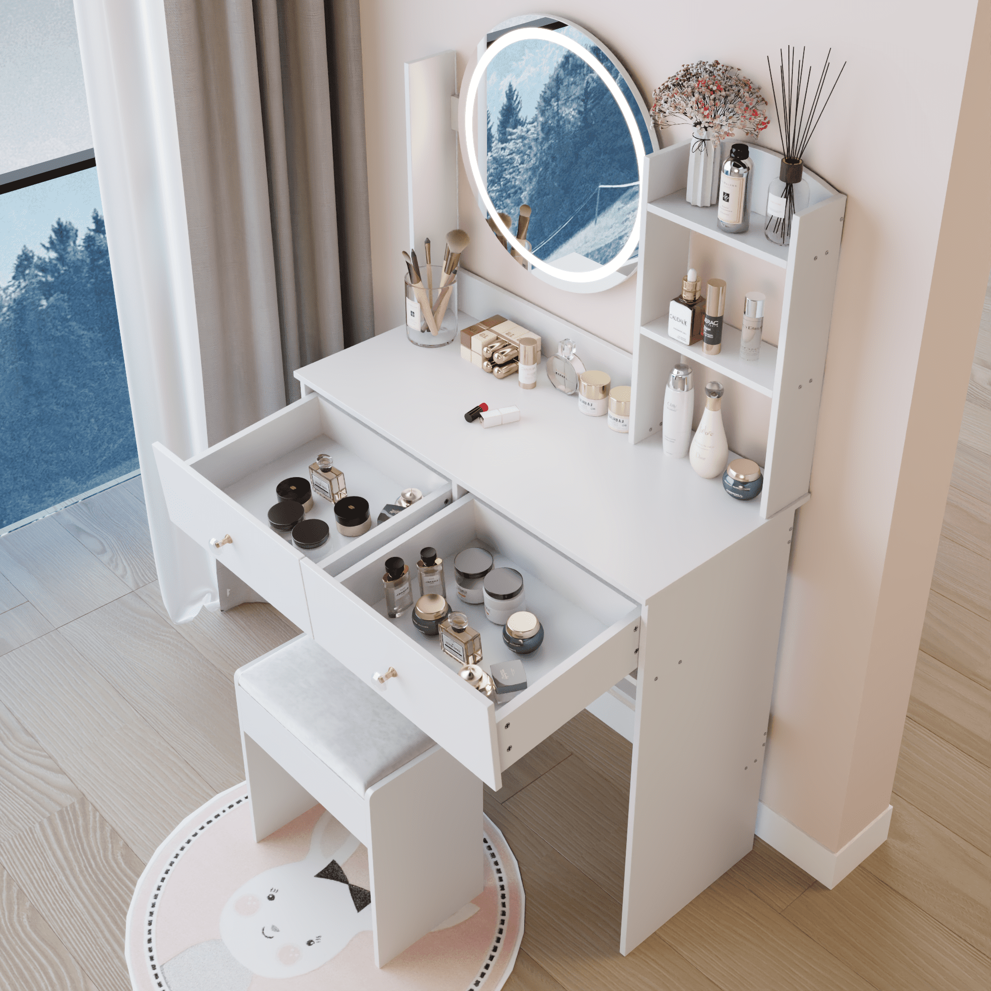 Leumius Makeup Vanity Desk with Mirror and Lights,Dressing Table with 2 Drawers,3 Color Lighting Brightness,Multi-layer High Capacity Storage Makeup Table for Bedroom,White