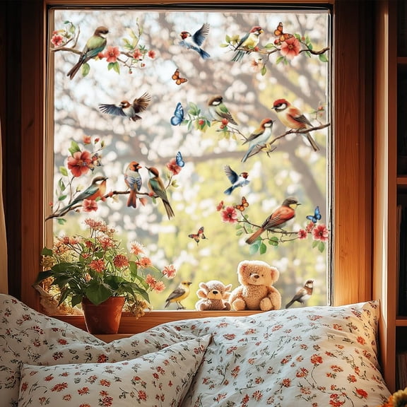 Spring Static Window Clings Birds Branches and Butterflies 1 Sheet Reusable Window Decals DIY for Glass 47.24" x 11.8" Removable Double Sided Window Sticker DIY for Room Office Home Decoration