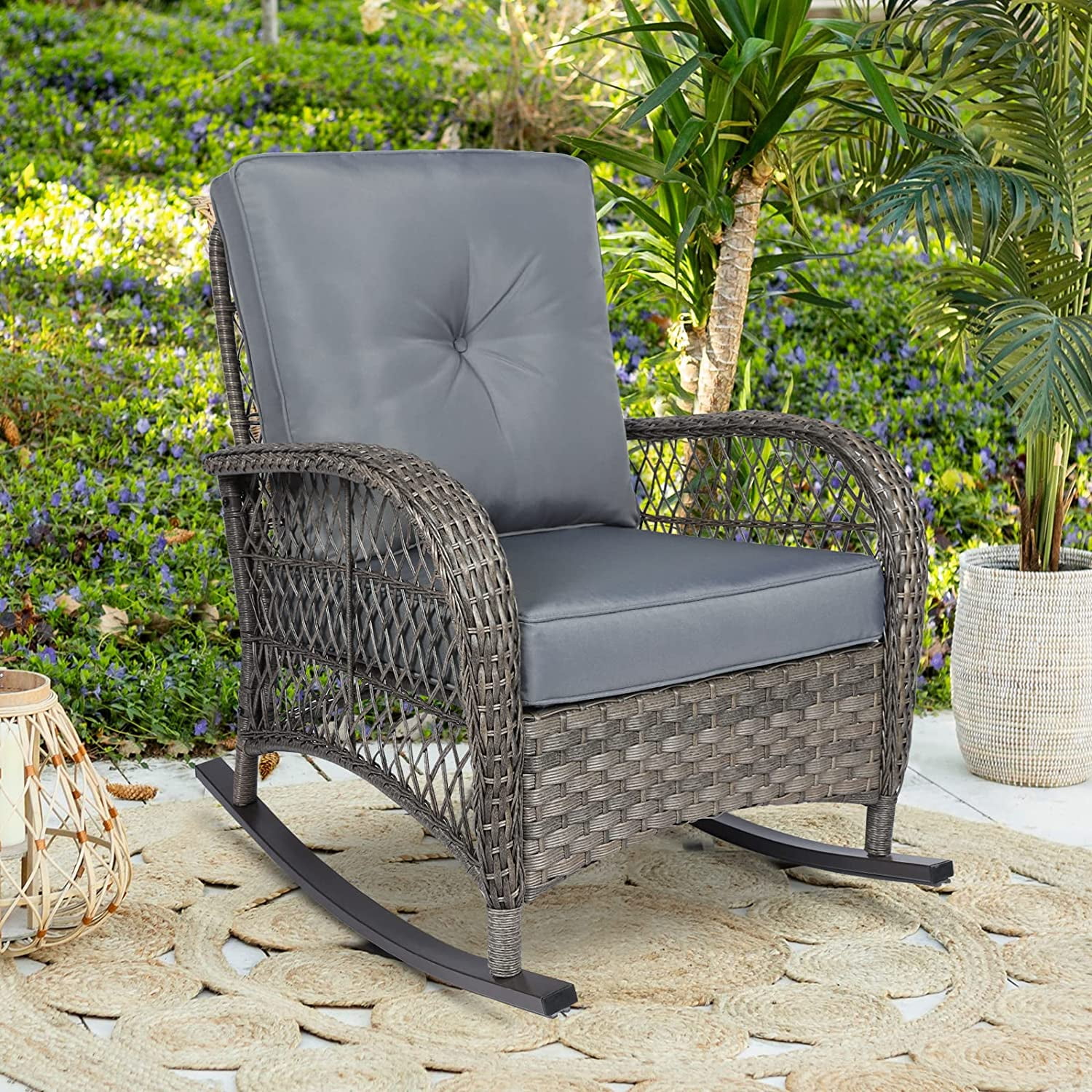 W WARMHOL Outdoor Wicker Rocking Chair with Thickened