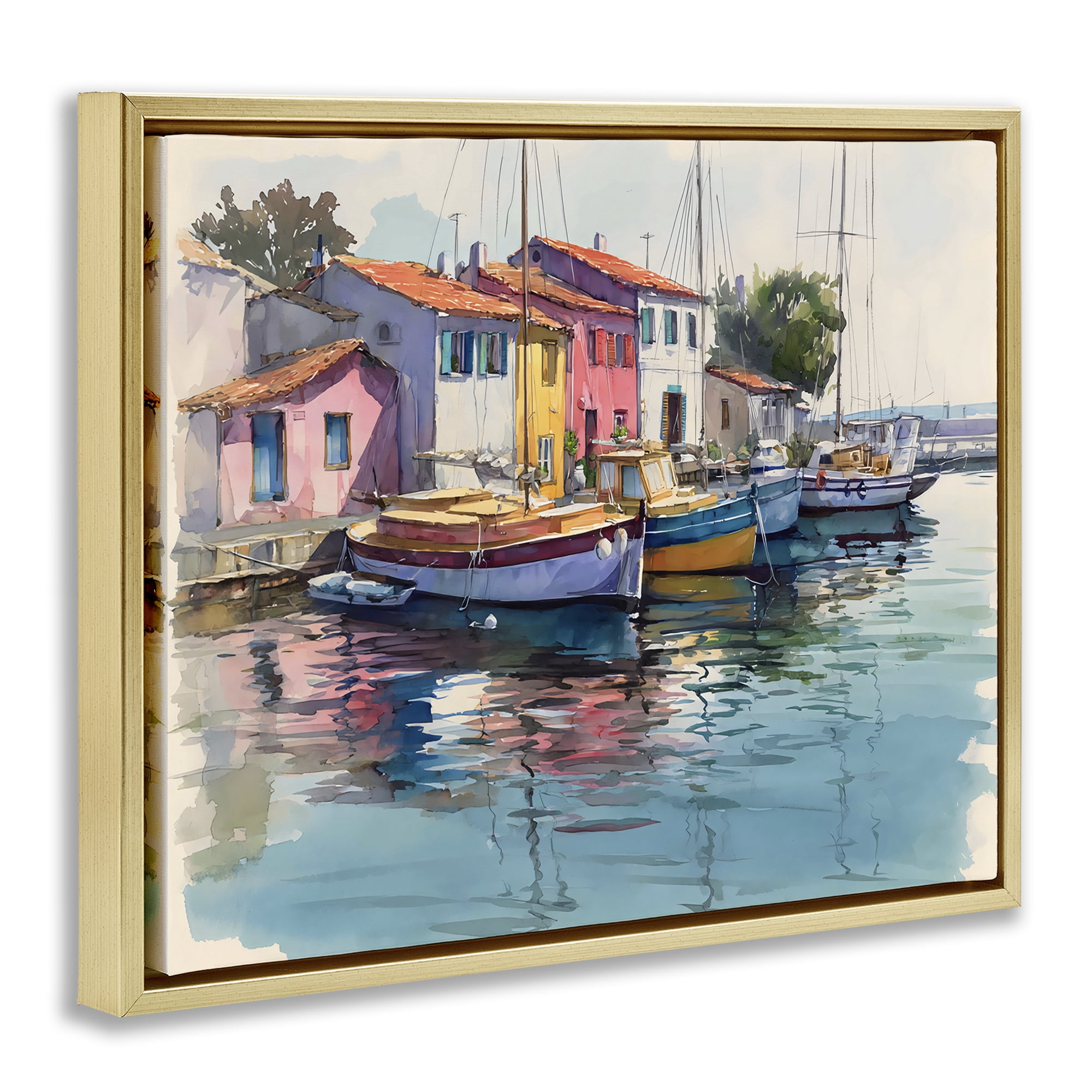 Stupell Industries Colorful Docks Harbor Gold Framed Floater Canvas Wall Art, design by Franklyn Gregory