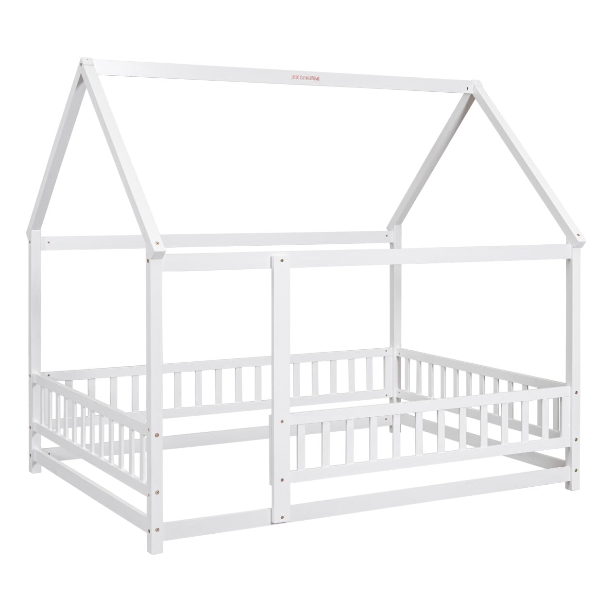 House Shaped Floor Bed Frame for Toddlers with Safety Guardrails, Sturdy Pine Wood Montessori Low Profile Kids Bed, Easy Assembly White Children's Floor Bed Frame