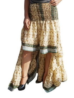 Mogul Vintage Hi Low Silk Sari Skirt Printed Flared Boho Gypsy Halloween Belly Dance Skirts