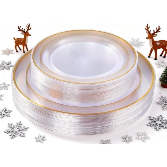 102 Pieces Gold Plastic Plates, Disposable Party Plates White Gold Rim, 51 Disposable Gold Dinner Plates 10.25 Inch and 51 Disposable Dessert Appetizer Elegant Fancy Wedding Plates 7.5 Inch