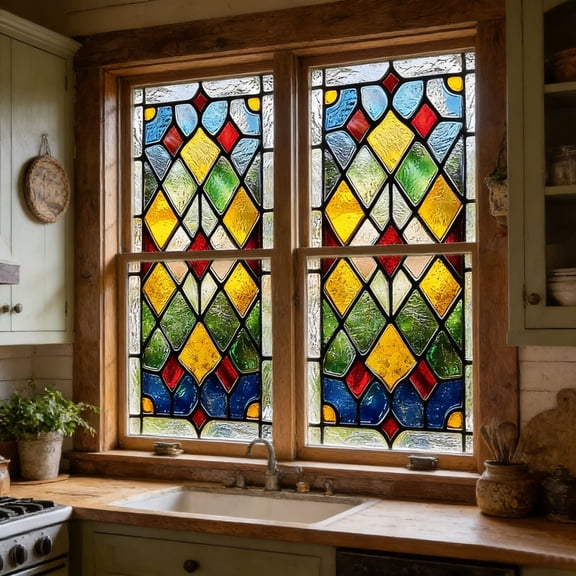 Stained Glass Window Film Static Cling Decorative Window Privacy Film Colorful Grid Pattern Window Sticker for Home Living Room Bedroom 33.5x15 Inch