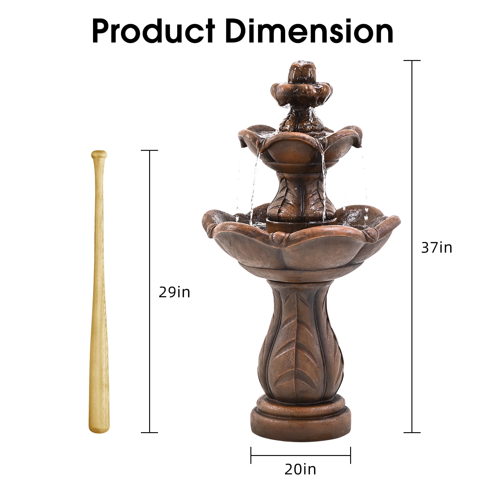 3-Tier Cascading Outdoor Water Fountain, Bird Bath Waterfall Fountain, Freestanding Fountain with Pump for Garden Yard