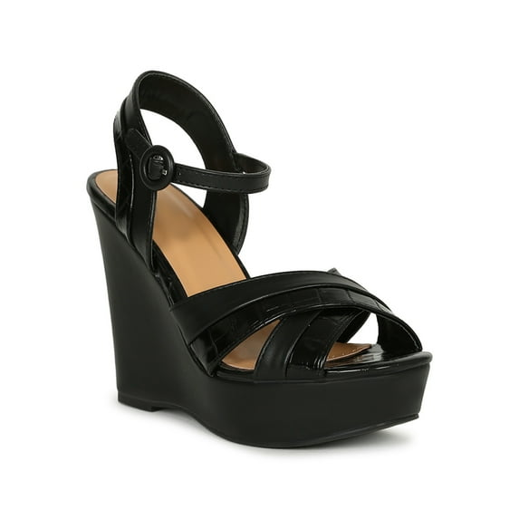 Women's Criss Cross Open Toe Crocodile Embossed Wedge Heel Sandal 19733