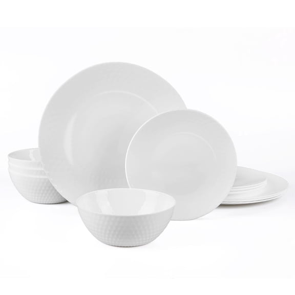 LaGlint Dinnerware Set Geometric Faceted Lightweight Durable Opal Glass, Dishwasher Microwave Safe, 12 Piece for 4