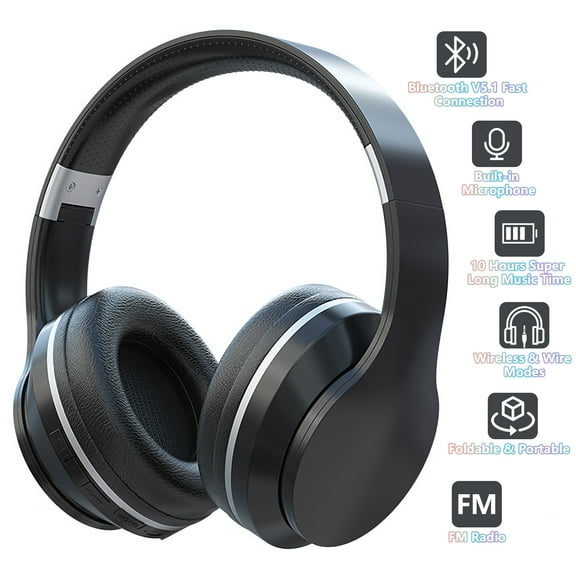 Yoneston Wireless Bluetooth Over Ear Headphones with Microphone, HiFi Stereo Foldable Lightweight Headset, Noise-Cancelling Deep Bass for Home Office Cellphone PC Laptop - Black