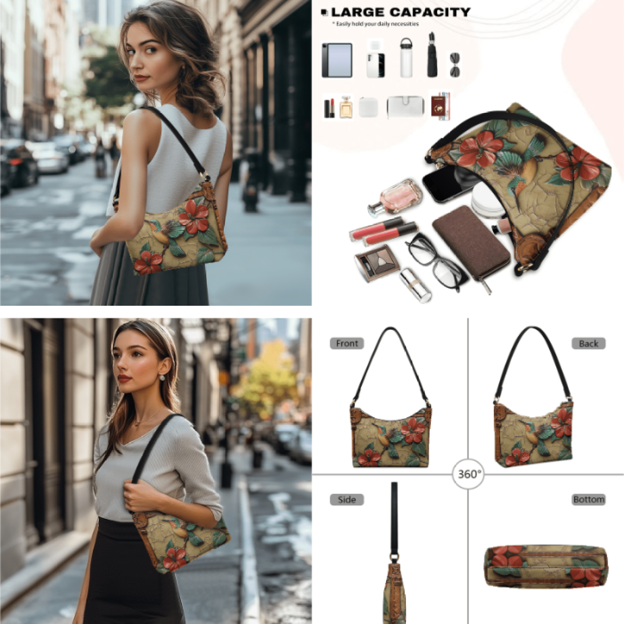Tutolipy Tote Handbag Set for Women, with Lightweight Shoulder Wallet Durable Tote Bag Hobo Bag, 3 Pcs 3D Hummingbird Floral
