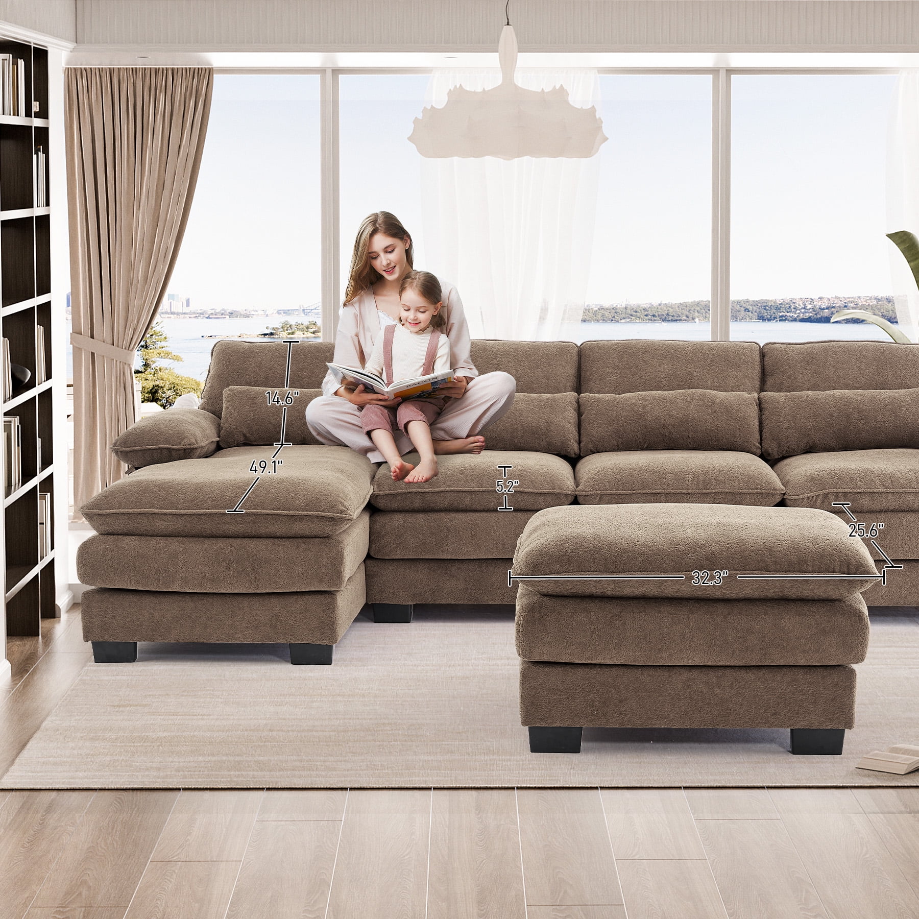 Wiilayok 114" U Shaped Sectional Sofa with Chaise Lounge and Ottoman,Chenille Modular Sectional Sofa Couch for Living Room,Brown