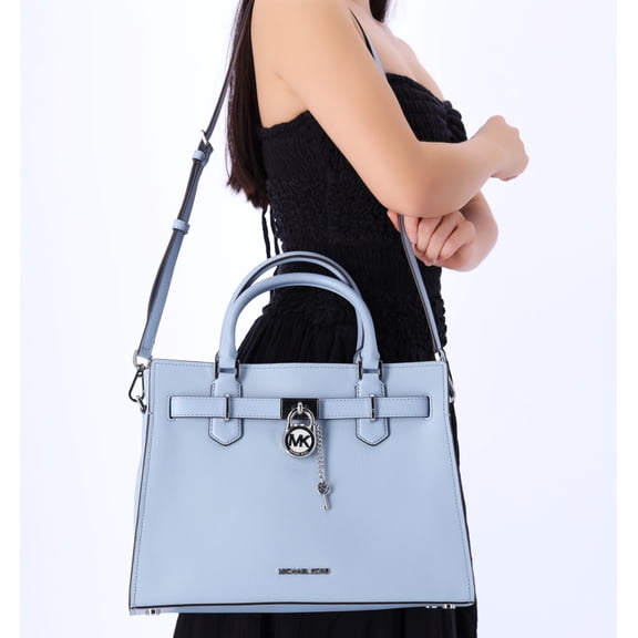 Michael Kors Hamilton Medium Satchel Crossbody Pale Blue Pebbled Leather