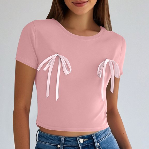 DPTALR Women's Solid Color Bow Detail Round Neck Casual Short Sleeve T-Shirt,Pink,Size L,Women's Plus ,Young Adult Tops