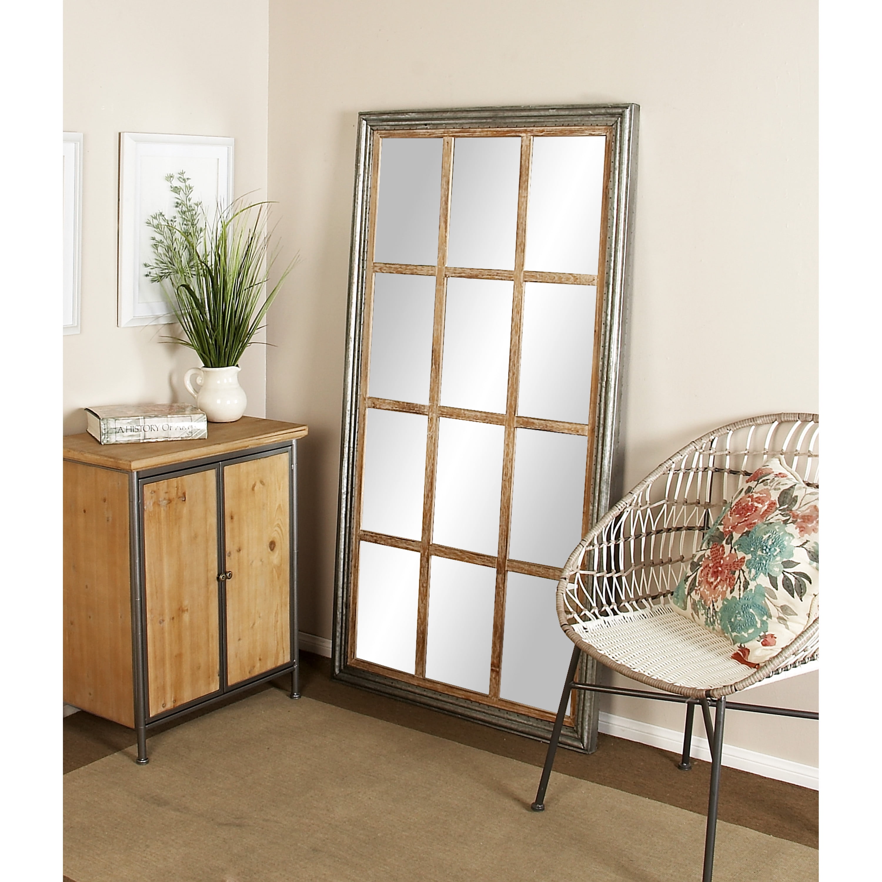 DecMode 35" x 67" Brown Window Pane Inspired Wall Mirror