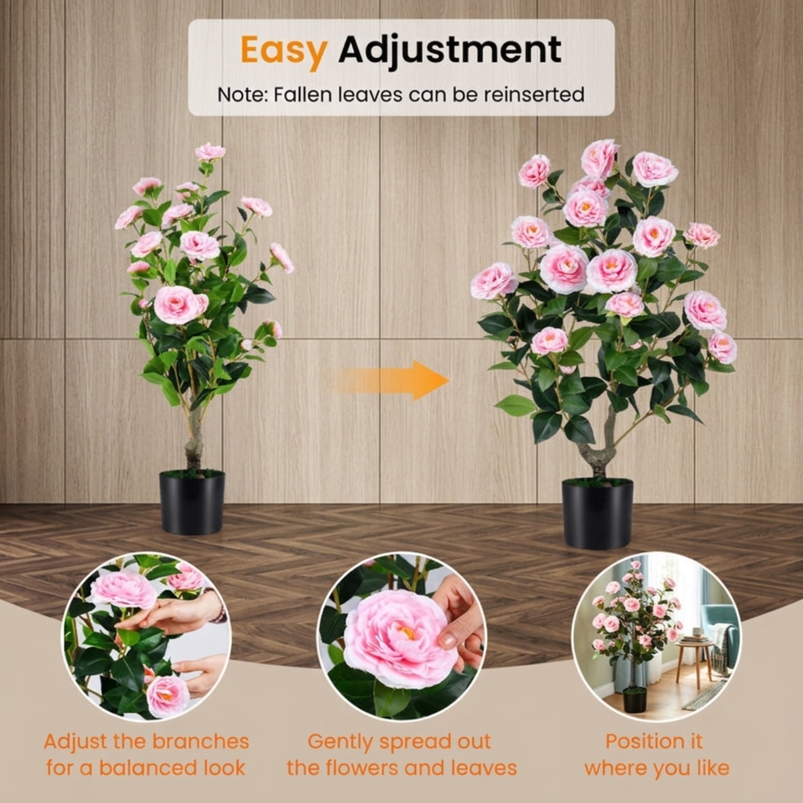Vebreda 35.5 Inch Artificial Camellia Tree, Pink Faux Flower Plant in Cement-Filled Pot, Lifelike Fake Tree for Indoor Outdoor Home Office Decor