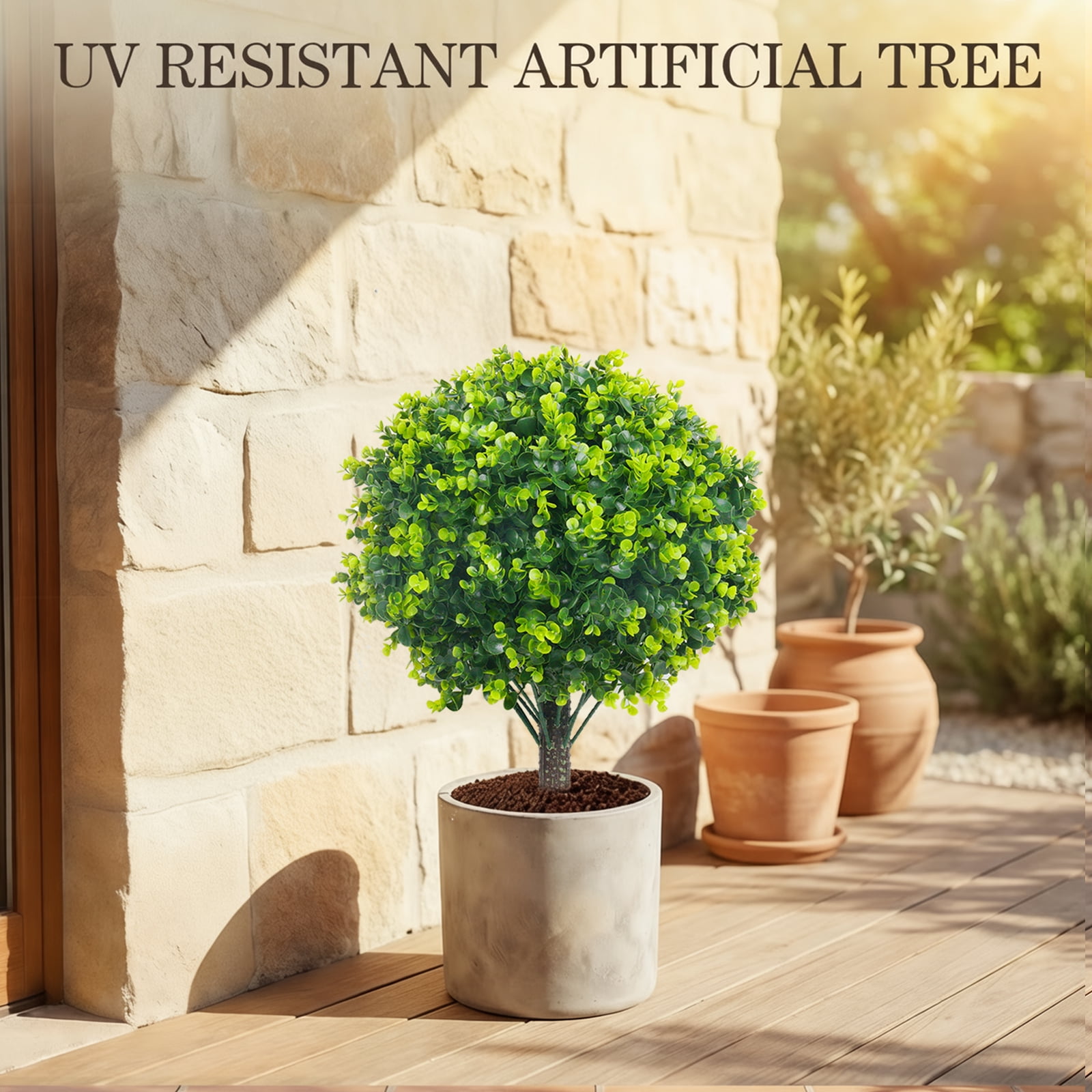 THE BRIVE 21.6 Inch Artificial Green Topiary Ball Trees, 2 Set of UV Resistant Fake Shrubs Bushes Plants with Ground Spike, Fake Plants for Outdoor Indoor Front Porch Garden