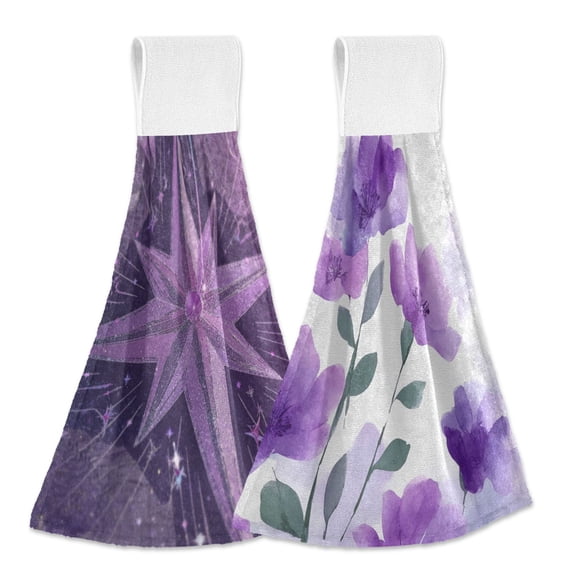 IAUYY Kitchen Hanging Towels Set of 2 100% Polyester Absorbent, Super Soft Hand Towels with Hanging Loops for Bathroom Kitchen A Purple Star Watercolor Texture