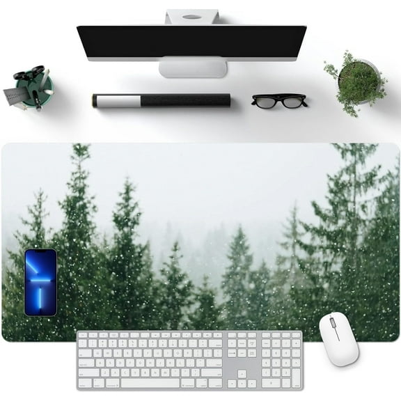 Large Gaming Mouse Pad, Landscape Painting Desk Pad, Laptop PU Mouse Pad, Waterproof Anti-Slip Desk Pad, Home Decoration Office Accessories (31.5x15.7in,Pine Tree in Rain)