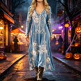 thumbnail image 2 of Huowey Halloween Witch Women Gothic Skeleton Dresses Flowy Elegant Cosplay Party Gown Long Sleeve V-Neck Soft Trick Or Treat Dress,Light Blue,S, 2 of 5