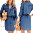 thumbnail image 3 of Canis Women's Denim Shirt Dress Casual Loose Midi Dress Long Sleeve Button Down Lapel Short Jean Tunic Dress with Belt Pockets, 3 of 10