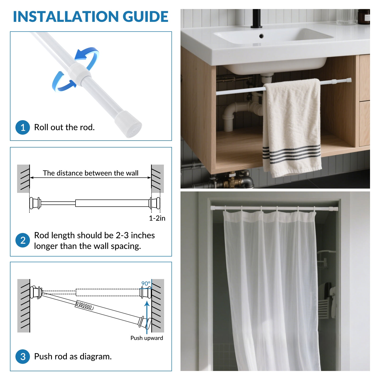 BEAMNOVA 32"-55" Adjustable Tension Curtain Rod, 5/8" Diameter, Spring Tension Rods for Windows Cabinet Wardrobe Closet Shower Curtains, White (8 Pack)