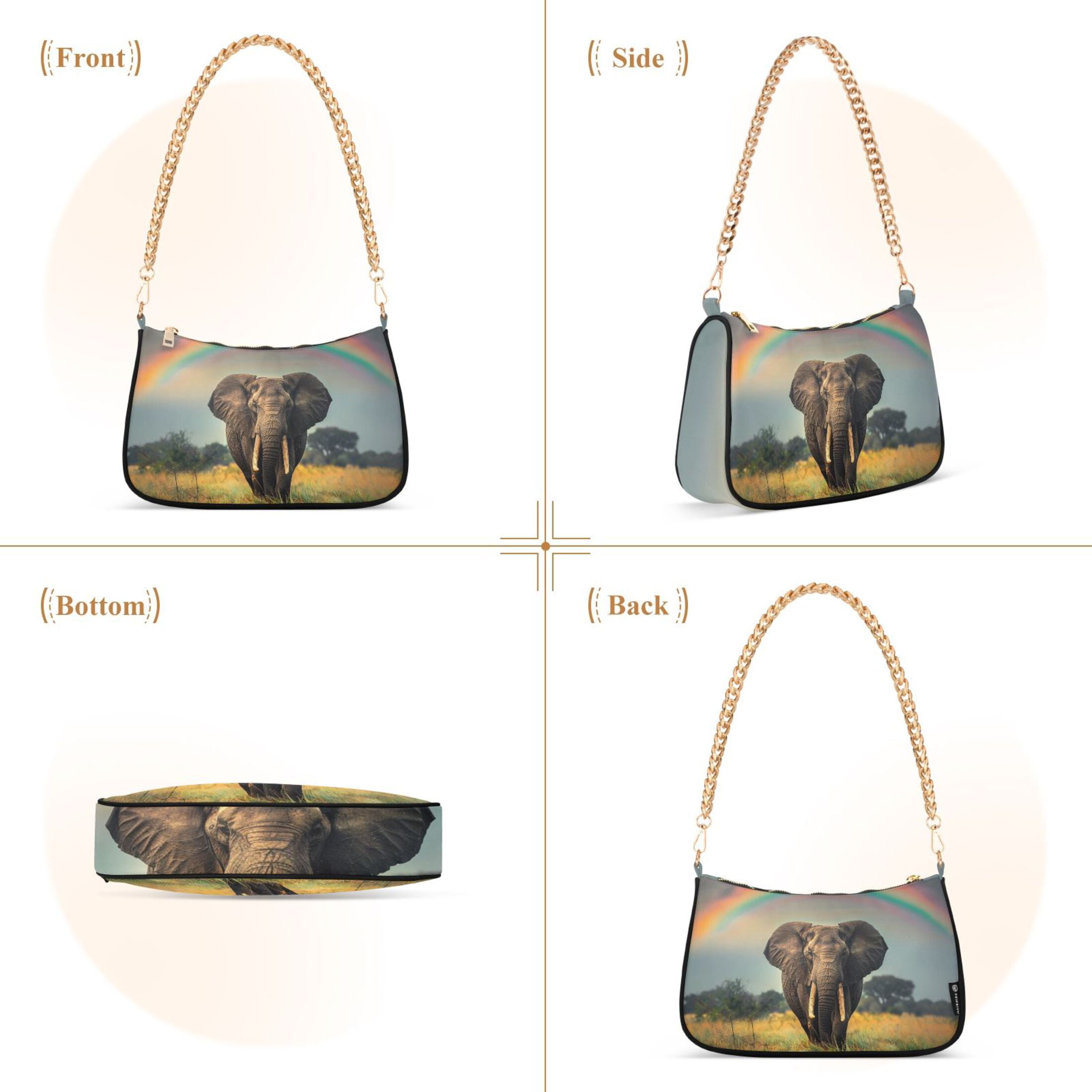 Ryvnso Elephant and Rainbow Womens Chain Shoulder Bag Tote Handbags Clutch Hobo Purse with Zipper for Travel