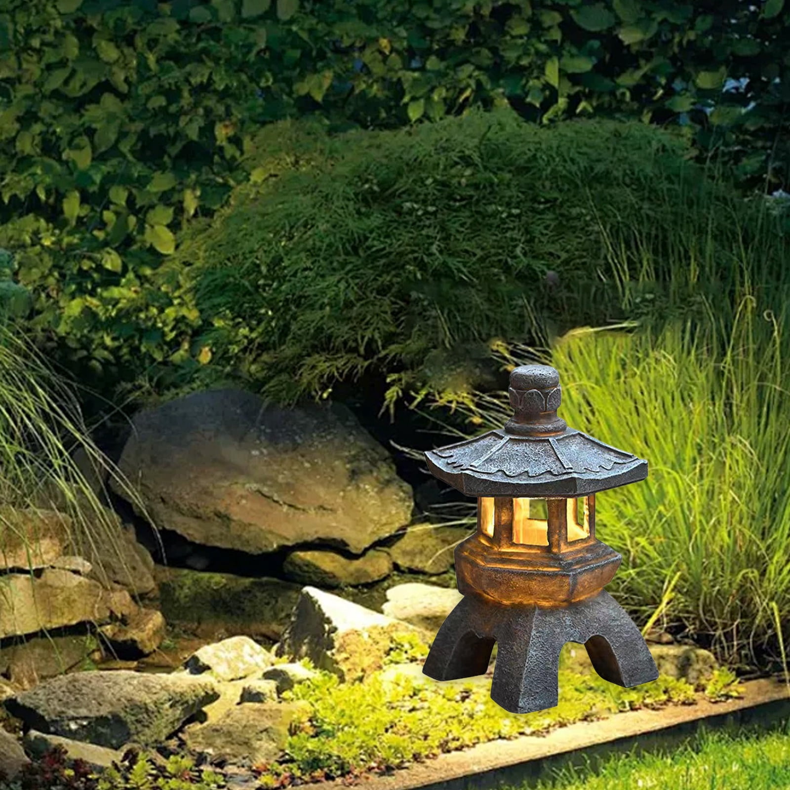Fufafayo under $5 Solar Pagoda Lantern Garden Statue,Indoor Outdoor Zen Asian Decor for Landscape Balcony,Garden,Patio,Porch Yard Art Ornament,Polyresin, Stone Finish