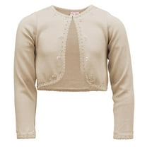 Cyndeelee Girls Long Sleeve Beaded Sequin Scallop Trim Bolero Cotton Shrug Cardigan (Bone, 5/6)