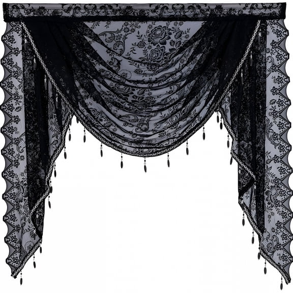 AUQ White Lace Sheer Swag Valance with Crystal Beads, Floral Embroidered Rod Pocket Window Curtain for Kitchen and Bedroom