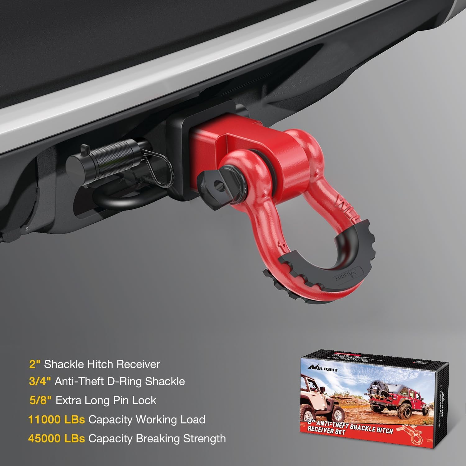 Nilight Anti-Theft Shackle Hitch Receiver 2Inch 45000 LBs Breaking Strength 3/4" Anti-Theft D Ring Shackle 5/8" Trailer Hitch Lock Pin Heavy Duty Solid Towing Kit for Trucks Off Road (Red)