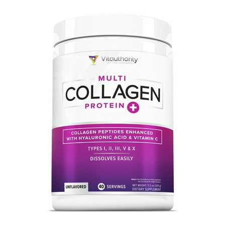 Multi Collagen Protein Powder with Hyaluronic Acid - Hydrolyzed Collagen Peptides Type 1, 2, 3, 5, 10 Complex for Women & Men - Vitauthority Collagen Powder with Vitamin C 40 Servings, Unflavored