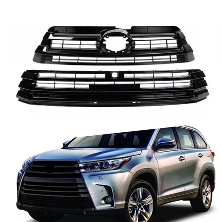 ONEPI Gloss Black Front Upper & Lower Grill Set Compatible with Toyota Highlander LE/Limited/XLE/LE/LE Plus/SE/XLE 2017 2018 2019 Models, No Emblem