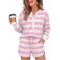 thumbnail image 2 of Casual Sets Striped for Womens 2 Piece Long Sleeve Henley V Neck Top and Shorts Fashion Lounge Set Outfits Pink M, 2 of 5