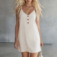 thumbnail image 2 of Afuyipoi Womens 100% Cotton Adjustable Spaghetti Strap V-Neck Button Front Mini Dress, Loose Casual Solid Color Sundress, Soft Breathable Summer Beach Vacation Dress For Women Beige Size L, 2 of 8