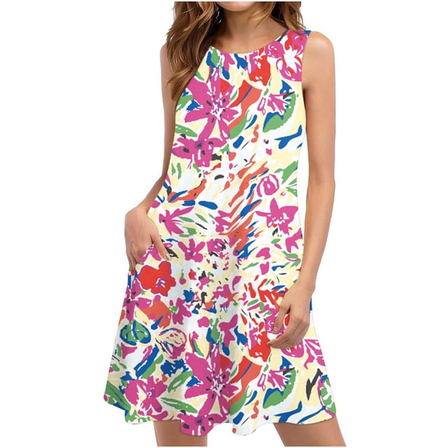 Mefallenssiah Robes d'Été pour Femmes Plage Florale T-Shirt Robe Décontractée Poches Boho Robe Débardeur