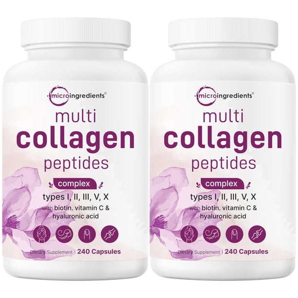 Micro Ingredientes (Paquete de 2) Multicolágeno en Píldoras para Mujeres y Hombres, 480 Cápsulas | Tipos I, II, III, V, X - Péptidos Hidrolizados con Biotina, Ácido Hialurónico y Vitamina C | Apoyo pa