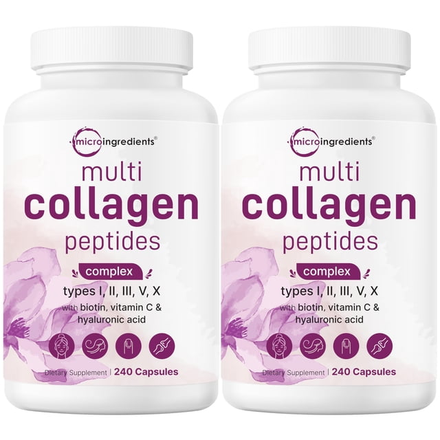 Micro Ingredientes (Paquete de 2) Multicolágeno en Píldoras para Mujeres y Hombres, 480 Cápsulas | Tipos I, II, III, V, X - Péptidos Hidrolizados con Biotina, Ácido Hialurónico y Vitamina C | Apoyo pa