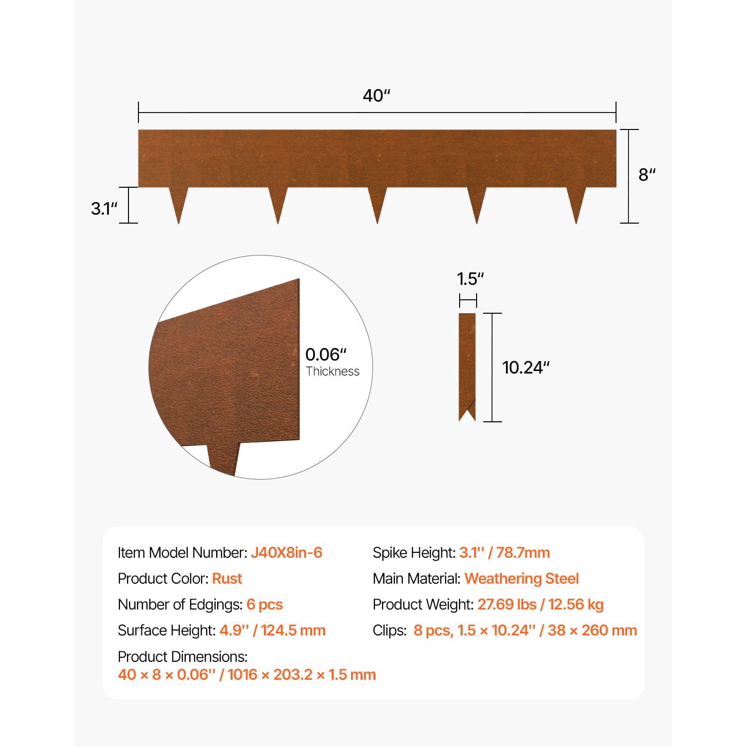 6 Pack Steel Landscape Edging 40 x 8 in Pre-Rusted Weather-Resistant Bendable Garden Border with Shark Spike Lawn Edging for Flower Bed Yard Pathway Divider