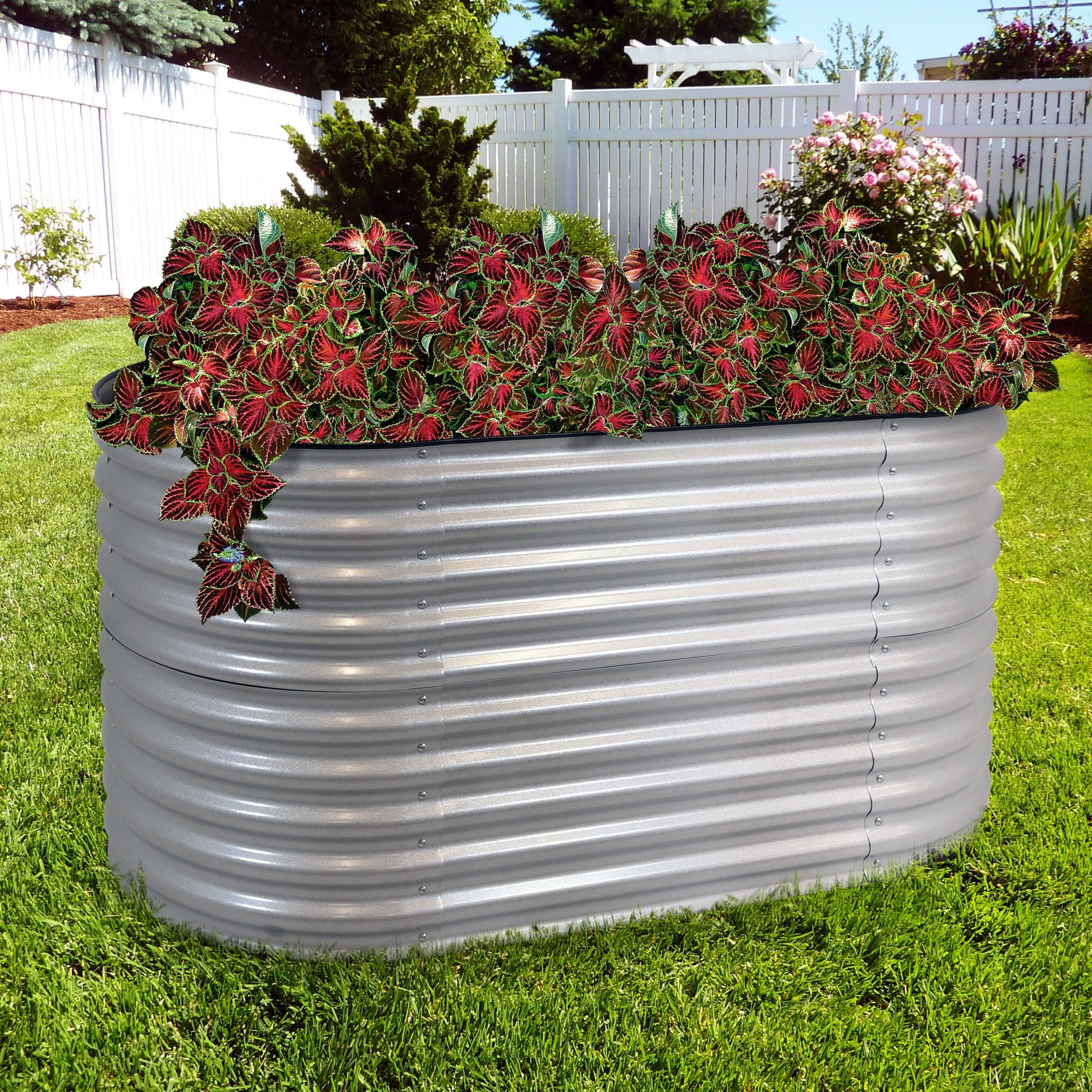 Sunnydaze 62.5" x 32" x 32" Oval Silver Steel Stackable Raised Garden Bed