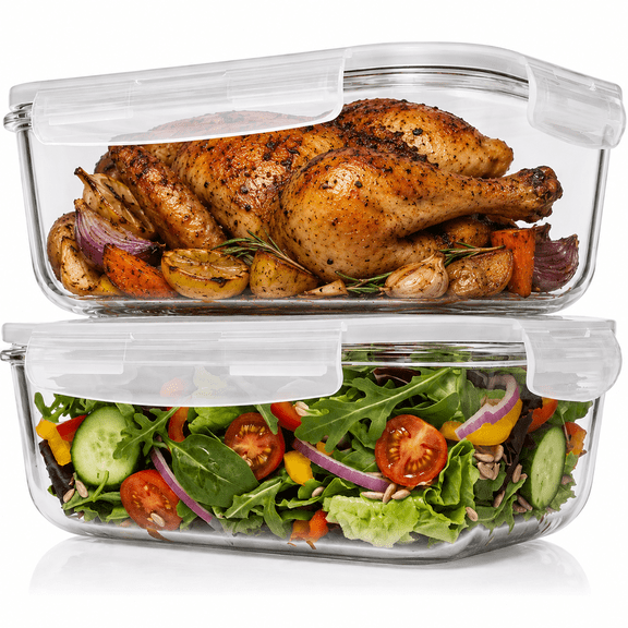 Razab 1860ml Large Glass Storage Containers with Lids Set of 2 , Leakproof Glass Meal Prep Containers, Freezer and Oven Safe