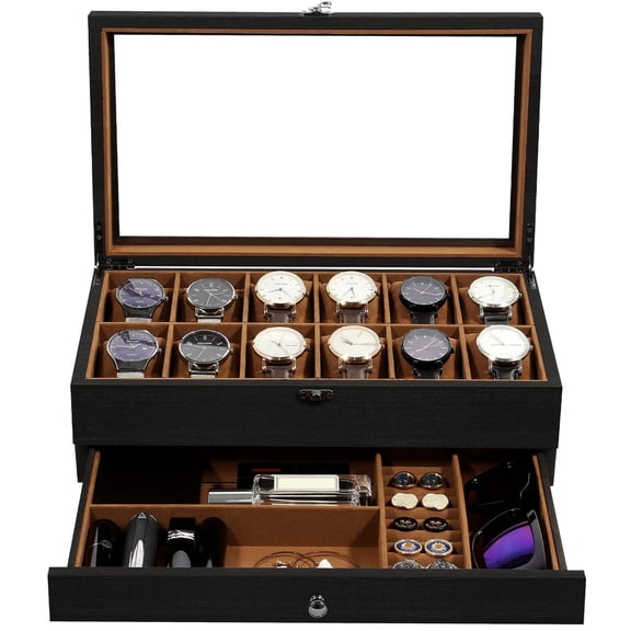 Vowella 12-Slot Solid Wood Watch Box with Jewelry Drawer, 2-Layer Luxury Watch Display Case with Glass Top & Velvet Lining, Black