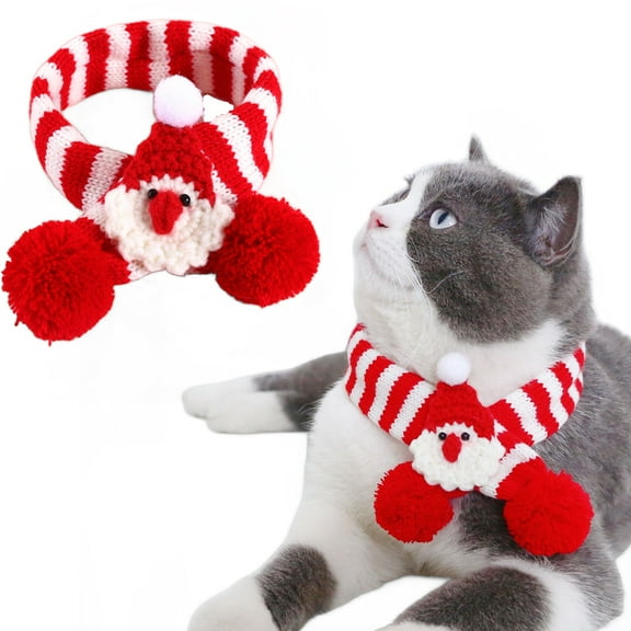 Christmas Pet Scarf Striped Knitted Pet Collar with Pom-pom, Winter Dog Neck Warmer, Puppy Cat Costume Accessories, Mini Knitted Scarf for Small to Medium Pets