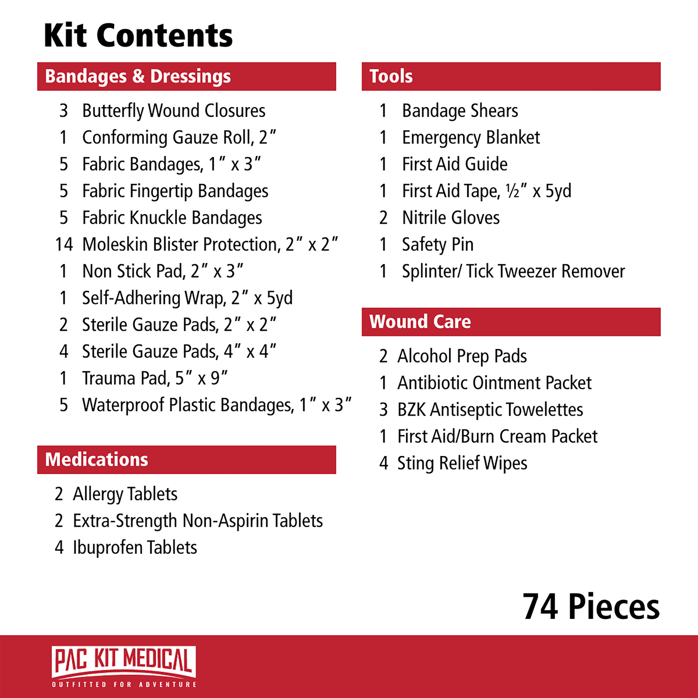 Pac-Kit Trailblazer 1 Comprehensive Outdoor First Aid Kit, 74 Pieces for Hiking, Camping, Backpacking and Survival